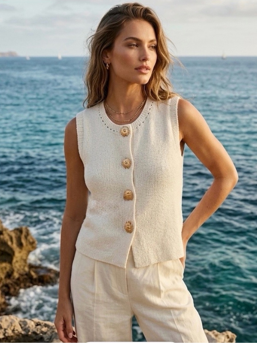 Caroline Constas Cream Knit Button-Up Sleeveless Sweater